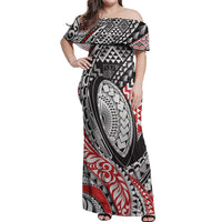Aotearoa Maori Rugby Tribal Tattoo Off Shoulder Maxi Dress Kowhaiwhai Taniko Patchwork Motifs LT9 Women Red - Polynesian Pride