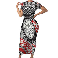 Aotearoa Maori Rugby Tribal Tattoo Short Sleeve Bodycon Dress Kowhaiwhai Taniko Patchwork Motifs LT9 Long Dress Red - Polynesian Pride