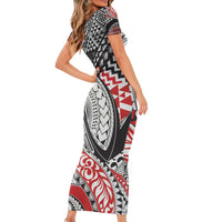 Aotearoa Maori Rugby Tribal Tattoo Short Sleeve Bodycon Dress Kowhaiwhai Taniko Patchwork Motifs LT9 - Polynesian Pride