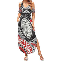 Aotearoa Maori Rugby Tribal Tattoo Summer Maxi Dress Kowhaiwhai Taniko Patchwork Motifs LT9 Women Red - Polynesian Pride