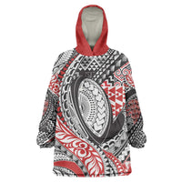 Aotearoa Maori Rugby Tribal Tattoo Wearable Blanket Hoodie Kowhaiwhai Taniko Patchwork Motifs LT9 One Size Red - Polynesian Pride