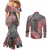 Aotearoa Maori Tribal Tattoo Couples Matching Mermaid Dress and Long Sleeve Button Shirt Kowhaiwhai Taniko Patchwork Motifs LT9 - Polynesian Pride