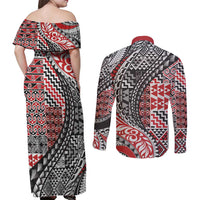 Aotearoa Maori Tribal Tattoo Couples Matching Off Shoulder Maxi Dress and Long Sleeve Button Shirt Kowhaiwhai Taniko Patchwork Motifs LT9 - Polynesian Pride