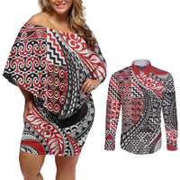 Aotearoa Maori Tribal Tattoo Couples Matching Off Shoulder Short Dress and Long Sleeve Button Shirt Kowhaiwhai Taniko Patchwork Motifs LT9 Red - Polynesian Pride