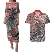 Aotearoa Maori Tribal Tattoo Couples Matching Puletasi and Hawaiian Shirt Kowhaiwhai Taniko Patchwork Motifs LT9 Red - Polynesian Pride