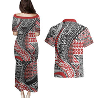 Aotearoa Maori Tribal Tattoo Couples Matching Puletasi and Hawaiian Shirt Kowhaiwhai Taniko Patchwork Motifs LT9 - Polynesian Pride