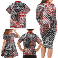 Aotearoa Maori Tribal Tattoo Family Matching Long Sleeve Bodycon Dress and Hawaiian Shirt Kowhaiwhai Taniko Patchwork Motifs LT9 - Polynesian Pride