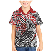Aotearoa Maori Tribal Tattoo Family Matching Mermaid Dress and Hawaiian Shirt Kowhaiwhai Taniko Patchwork Motifs LT9 Son's Shirt Red - Polynesian Pride