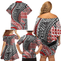 Aotearoa Maori Tribal Tattoo Family Matching Off Shoulder Short Dress and Hawaiian Shirt Kowhaiwhai Taniko Patchwork Motifs LT9 - Polynesian Pride