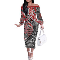Aotearoa Maori Tribal Tattoo Off The Shoulder Long Sleeve Dress Kowhaiwhai Taniko Patchwork Motifs LT9 Women Red - Polynesian Pride