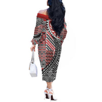 Aotearoa Maori Tribal Tattoo Off The Shoulder Long Sleeve Dress Kowhaiwhai Taniko Patchwork Motifs LT9 - Polynesian Pride