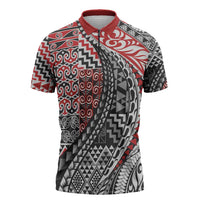 Aotearoa Maori Tribal Tattoo Zipper Polo Shirt Kowhaiwhai Taniko Patchwork Motifs LT9 Red - Polynesian Pride