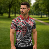 Aotearoa Maori Tribal Tattoo Zipper Polo Shirt Kowhaiwhai Taniko Patchwork Motifs LT9 - Polynesian Pride