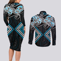 Blue Aotearoa Tukutuku Manawa Tapu Couples Matching Long Sleeve Bodycon Dress and Long Sleeve Button Shirt Ta Moko Toi Maori LT9 - Polynesian Pride
