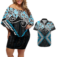 Blue Aotearoa Tukutuku Manawa Tapu Couples Matching Off Shoulder Short Dress and Hawaiian Shirt Ta Moko Toi Maori LT9 Blue - Polynesian Pride