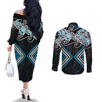 Blue Aotearoa Tukutuku Manawa Tapu Couples Matching Off The Shoulder Long Sleeve Dress and Long Sleeve Button Shirt Ta Moko Toi Maori LT9 - Polynesian Pride