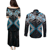 Blue Aotearoa Tukutuku Manawa Tapu Couples Matching Puletasi and Long Sleeve Button Shirt Ta Moko Toi Maori LT9 - Polynesian Pride