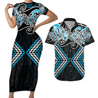 Blue Aotearoa Tukutuku Manawa Tapu Couples Matching Short Sleeve Bodycon Dress and Hawaiian Shirt Ta Moko Toi Maori LT9 Blue - Polynesian Pride