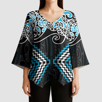 Blue Aotearoa Tukutuku Manawa Tapu Kimono Sleeve Blouse Ta Moko Toi Maori LT9 - Polynesian Pride