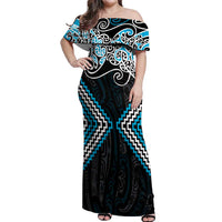 Blue Aotearoa Tukutuku Manawa Tapu Off Shoulder Maxi Dress Ta Moko Toi Maori LT9 Women Blue - Polynesian Pride
