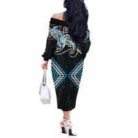 Blue Aotearoa Tukutuku Manawa Tapu Off The Shoulder Long Sleeve Dress Ta Moko Toi Maori LT9 - Polynesian Pride