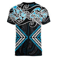Blue Aotearoa Tukutuku Manawa Tapu Women V-Neck T-Shirt Ta Moko Toi Maori LT9 - Polynesian Pride