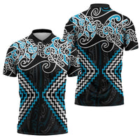 Blue Aotearoa Tukutuku Manawa Tapu Zipper Polo Shirt Ta Moko Toi Maori LT9 - Polynesian Pride