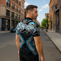 Blue Aotearoa Tukutuku Manawa Tapu Zipper Polo Shirt Ta Moko Toi Maori LT9 - Polynesian Pride