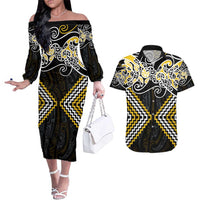 Gold Aotearoa Tukutuku Manawa Tapu Couples Matching Off The Shoulder Long Sleeve Dress and Hawaiian Shirt Ta Moko Toi Maori LT9 Gold - Polynesian Pride