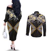 Gold Aotearoa Tukutuku Manawa Tapu Couples Matching Off The Shoulder Long Sleeve Dress and Long Sleeve Button Shirt Ta Moko Toi Maori LT9 - Polynesian Pride