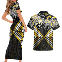 Gold Aotearoa Tukutuku Manawa Tapu Couples Matching Short Sleeve Bodycon Dress and Hawaiian Shirt Ta Moko Toi Maori LT9 - Polynesian Pride