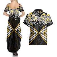 Gold Aotearoa Tukutuku Manawa Tapu Couples Matching Summer Maxi Dress and Hawaiian Shirt Ta Moko Toi Maori LT9 - Polynesian Pride