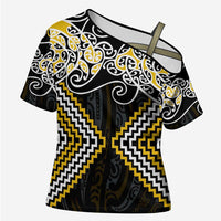 Gold Aotearoa Tukutuku Manawa Tapu Cross Shoulder Shirt Ta Moko Toi Maori LT9 Female Gold - Polynesian Pride