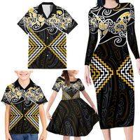 Gold Aotearoa Tukutuku Manawa Tapu Family Matching Long Sleeve Bodycon Dress and Hawaiian Shirt Ta Moko Toi Maori LT9 - Polynesian Pride