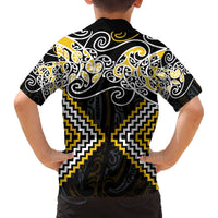 Gold Aotearoa Tukutuku Manawa Tapu Family Matching Off The Shoulder Long Sleeve Dress and Hawaiian Shirt Ta Moko Toi Maori LT9 - Polynesian Pride