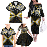 Gold Aotearoa Tukutuku Manawa Tapu Family Matching Off The Shoulder Long Sleeve Dress and Hawaiian Shirt Ta Moko Toi Maori LT9 - Polynesian Pride