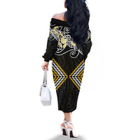 Gold Aotearoa Tukutuku Manawa Tapu Family Matching Off The Shoulder Long Sleeve Dress and Hawaiian Shirt Ta Moko Toi Maori LT9 - Polynesian Pride