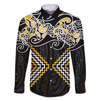 Gold Aotearoa Tukutuku Manawa Tapu Family Matching Short Sleeve Bodycon Dress and Hawaiian Shirt Ta Moko Toi Maori LT9 Dad's Shirt - Long Sleeve Gold - Polynesian Pride