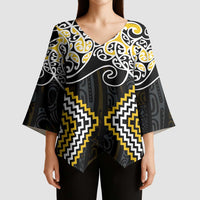 Gold Aotearoa Tukutuku Manawa Tapu Kimono Sleeve Blouse Ta Moko Toi Maori LT9 - Polynesian Pride