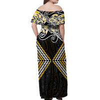 Gold Aotearoa Tukutuku Manawa Tapu Off Shoulder Maxi Dress Ta Moko Toi Maori LT9 - Polynesian Pride