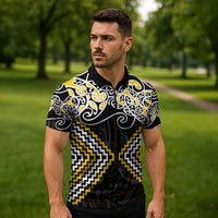 Gold Aotearoa Tukutuku Manawa Tapu Zipper Polo Shirt Ta Moko Toi Maori LT9 - Polynesian Pride