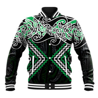 Green Aotearoa Tukutuku Manawa Tapu Baseball Jacket Ta Moko Toi Maori