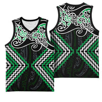 Green Aotearoa Tukutuku Manawa Tapu Basketball Jersey Ta Moko Toi Maori LT9 - Polynesian Pride
