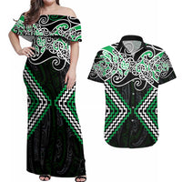 Green Aotearoa Tukutuku Manawa Tapu Couples Matching Off Shoulder Maxi Dress and Hawaiian Shirt Ta Moko Toi Maori LT9 Green - Polynesian Pride