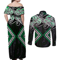Green Aotearoa Tukutuku Manawa Tapu Couples Matching Off Shoulder Maxi Dress and Long Sleeve Button Shirt Ta Moko Toi Maori LT9 - Polynesian Pride