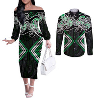 Green Aotearoa Tukutuku Manawa Tapu Couples Matching Off The Shoulder Long Sleeve Dress and Long Sleeve Button Shirt Ta Moko Toi Maori LT9 Green - Polynesian Pride