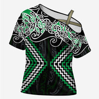 Green Aotearoa Tukutuku Manawa Tapu Cross Shoulder Shirt Ta Moko Toi Maori LT9 Female Green - Polynesian Pride