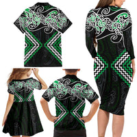 Green Aotearoa Tukutuku Manawa Tapu Family Matching Long Sleeve Bodycon Dress and Hawaiian Shirt Ta Moko Toi Maori LT9 - Polynesian Pride