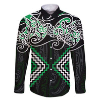 Green Aotearoa Tukutuku Manawa Tapu Family Matching Mermaid Dress and Hawaiian Shirt Ta Moko Toi Maori LT9 Dad's Shirt - Long Sleeve Green - Polynesian Pride
