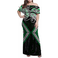 Green Aotearoa Tukutuku Manawa Tapu Family Matching Off Shoulder Maxi Dress and Hawaiian Shirt Ta Moko Toi Maori LT9 Mom's Dress Green - Polynesian Pride
